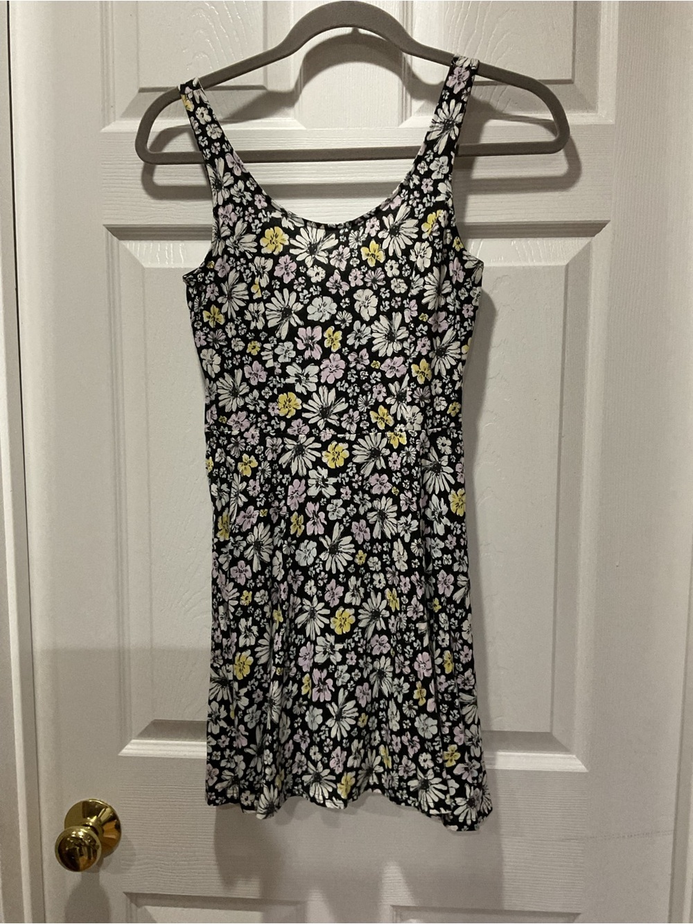 Floral Scoop Neck Black Summer Dress with Yellow & Pink Accents sleeveless